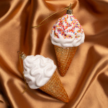 Load image into Gallery viewer, Decorative ice cream cone ornaments with sprinkles on a beige fabric background