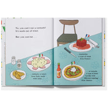 Load image into Gallery viewer, Open book with illustrations of food and text on a white background
