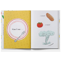 Load image into Gallery viewer, Open book with illustrations of a plate, fork, tomato, potato, and tornado on yellow and white pages.