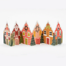 Load image into Gallery viewer, Decorative paper houses with Christmas trees and snow on a white background