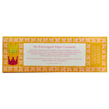 Load image into Gallery viewer, Packaging of Six Extravagant Paper Coronets with decorative design and text on a white background