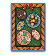 Load image into Gallery viewer, Decorative greeting card with Christmas-themed cookies and tangerines in a colorful frame.