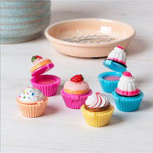 Load image into Gallery viewer, Colorful cupcake-shaped containers with lids on a light surface