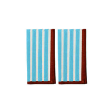 Load image into Gallery viewer, Two striped towels with blue and brown vertical stripes on a white background