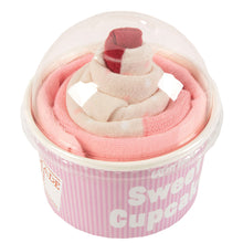 Load image into Gallery viewer, Pink and white striped socks in a cup labeled 'Sweet Cupcake' on a white background