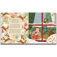 Load image into Gallery viewer, Illustrated Christmas card with reindeer, a girl by a window, and musical notes.