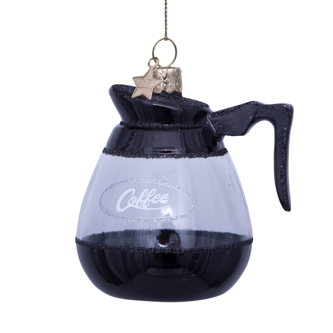 Decorative glass coffee pot ornament with 'Coffee' text on a white background