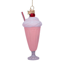 Load image into Gallery viewer, Decorative pink milkshake ornament with whipped cream, cherry, and straw on a white background
