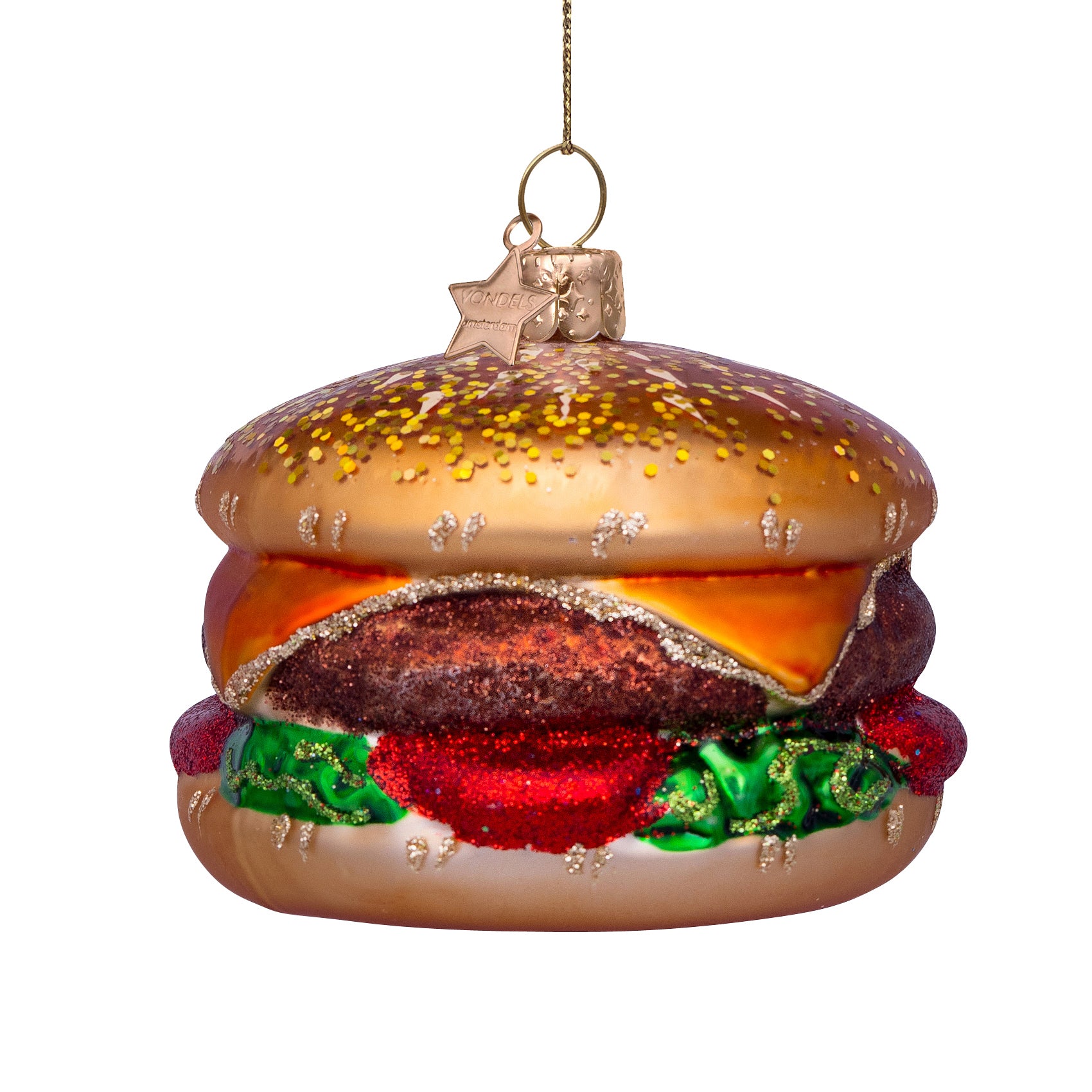Glass ornament shaped like a hamburger with a gold bun, beef patty, cheese, lettuce, and tomato on a white background.