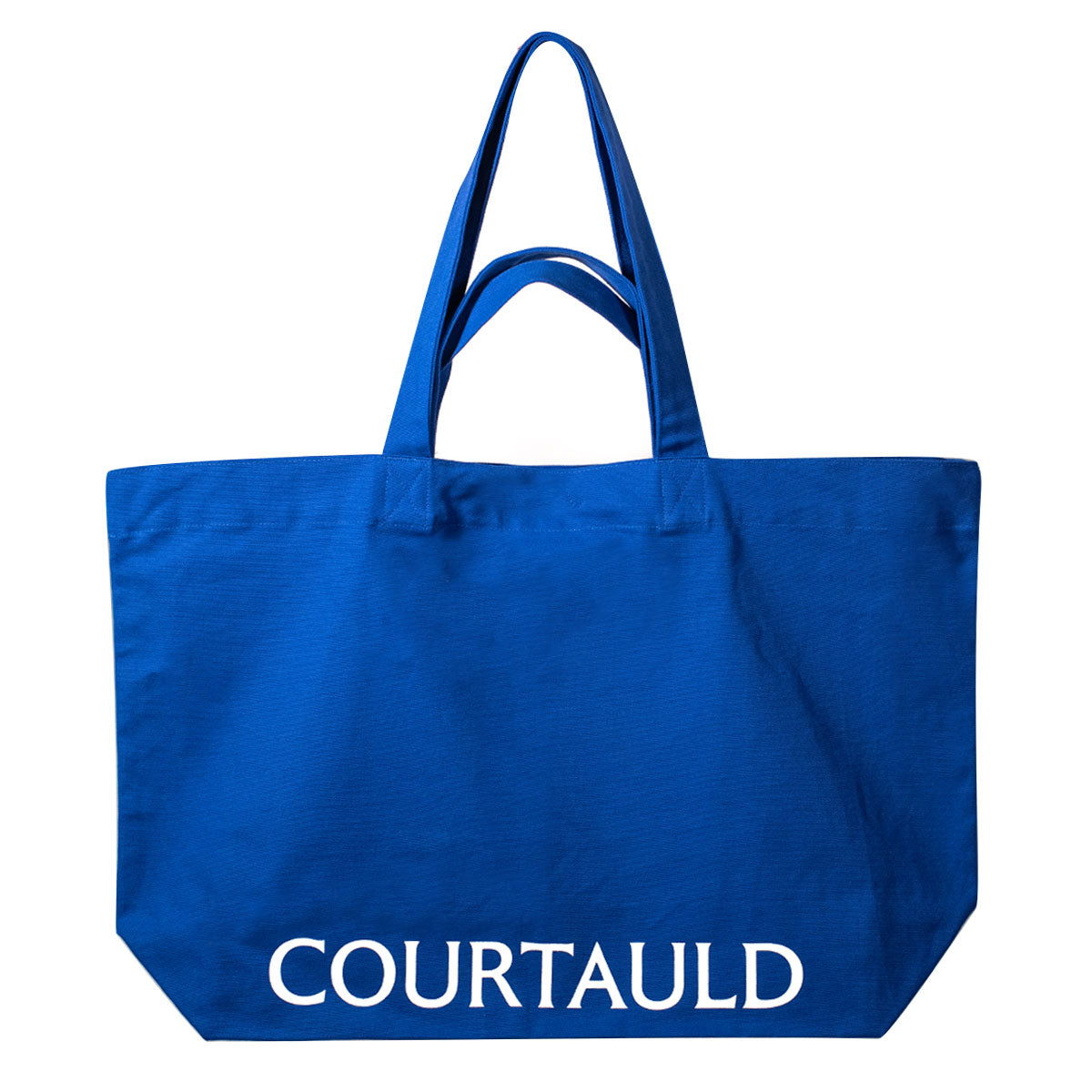Blue tote bag with 'Courtauld' branding on a white background