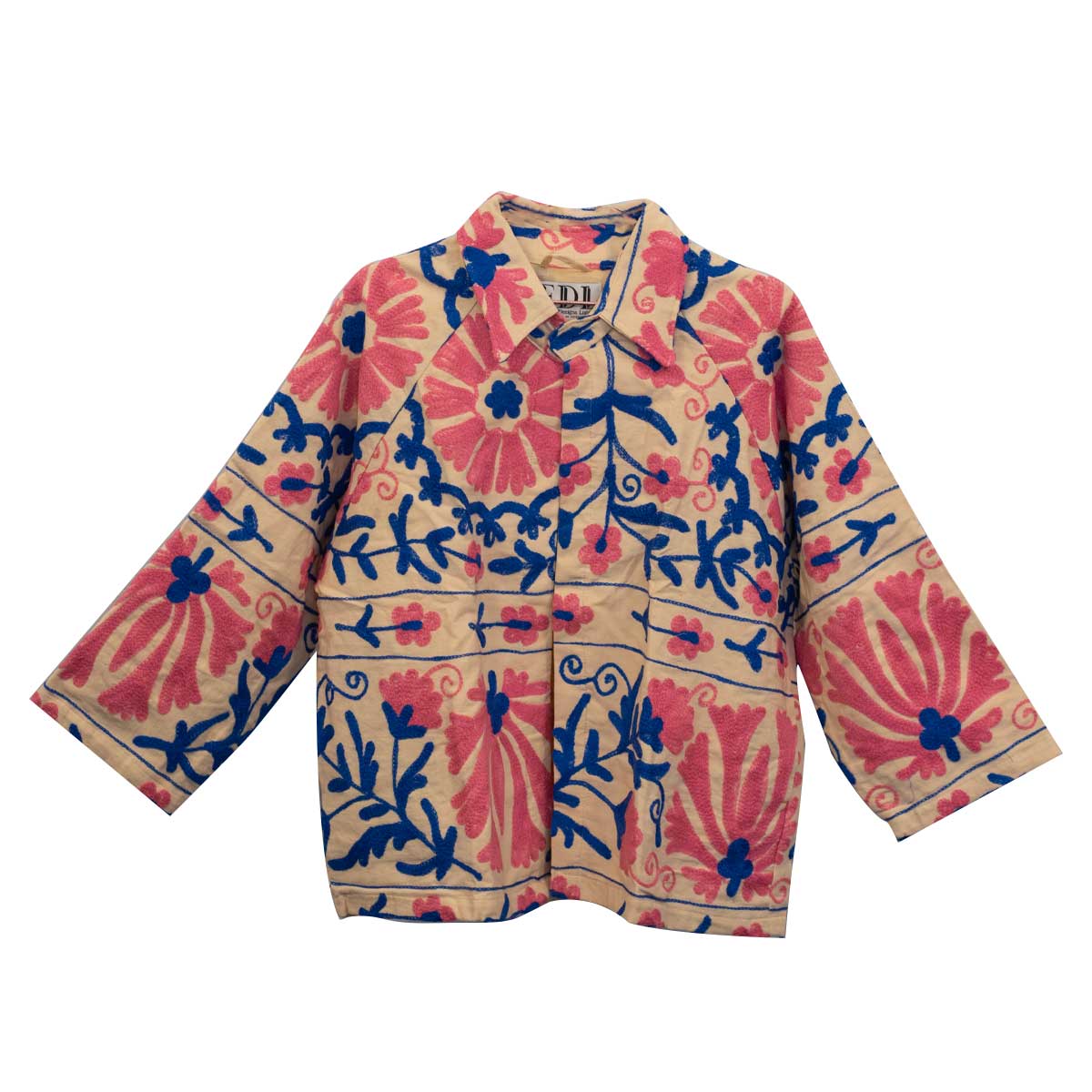 Colorful floral-patterned jacket on a white background