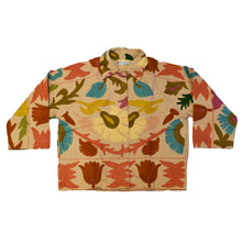 Load image into Gallery viewer, A multicolored hand embroidered bolero jacket with floral and animal patterns
