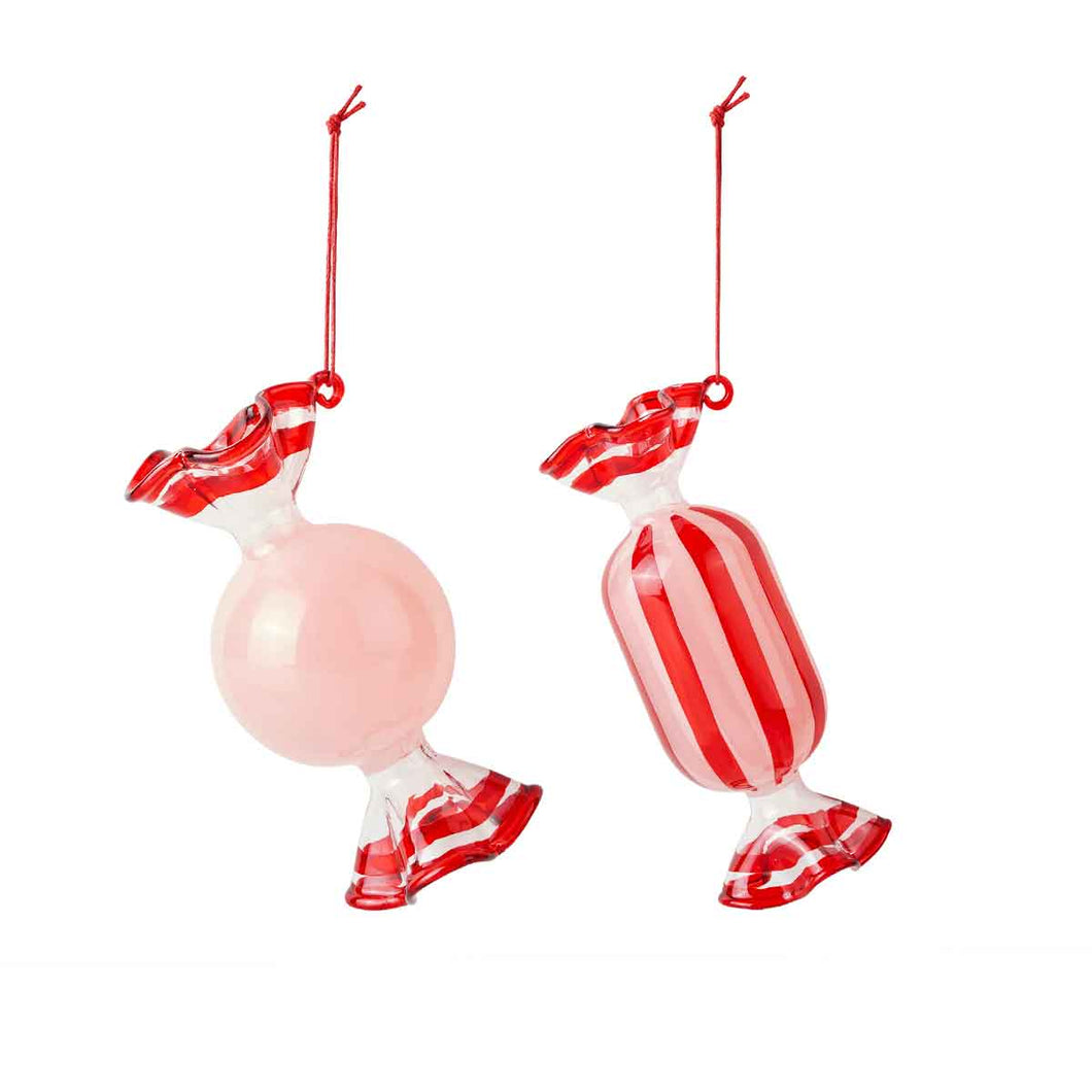Two candy-themed Christmas ornaments on a white background