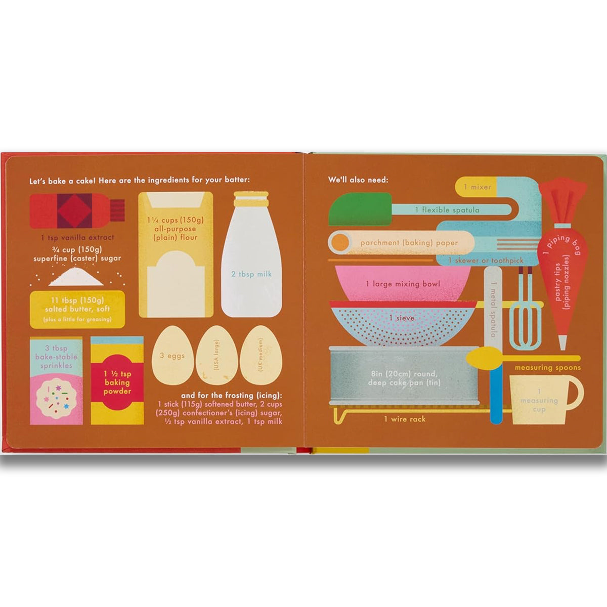 Illustrated baking recipe book with colorful ingredients and tools on a white background