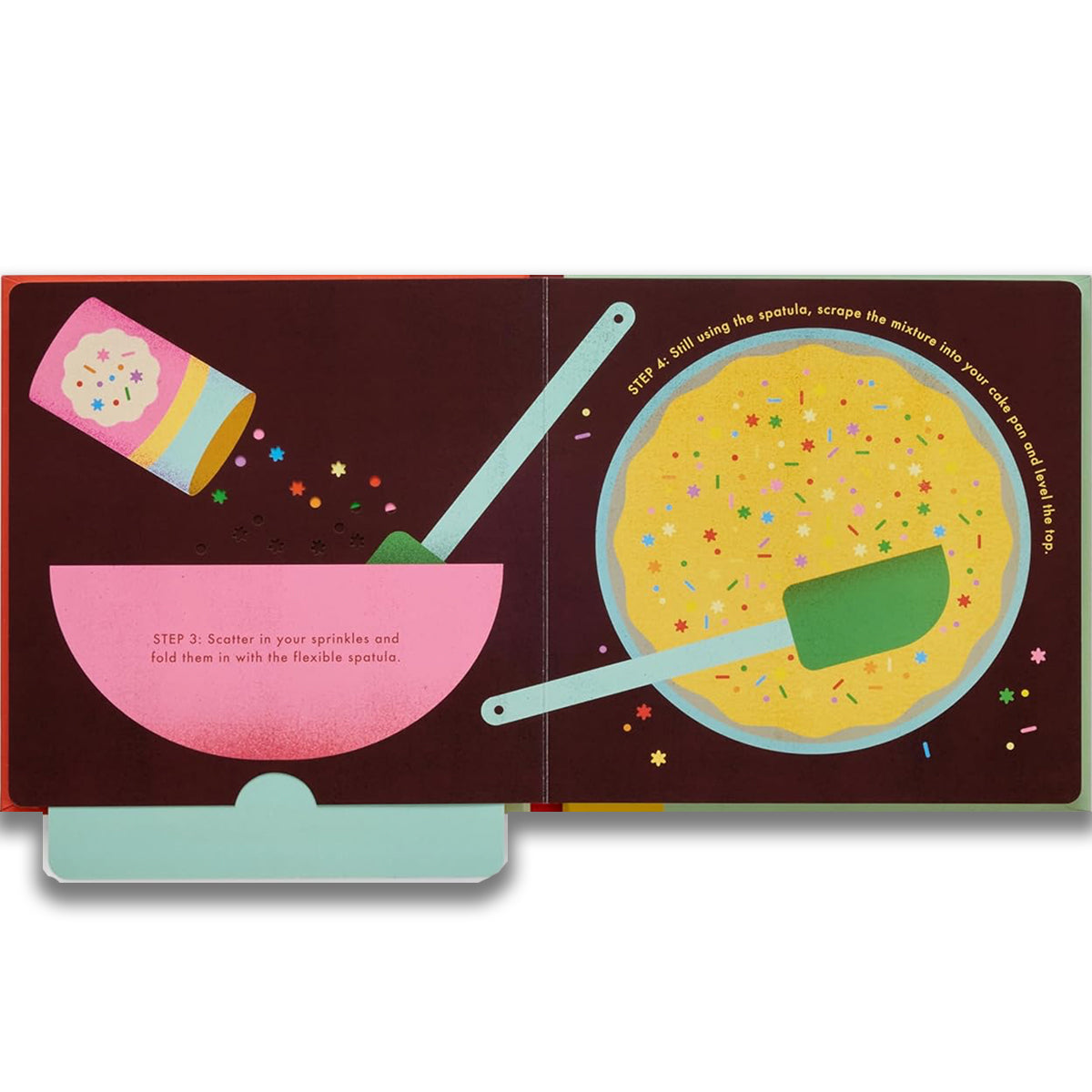 Illustrated children's book open to a page with baking-themed illustrations and text.