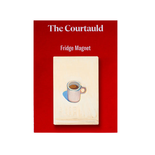 Fridge magnet packaging with 'The Courtauld' branding on a red background