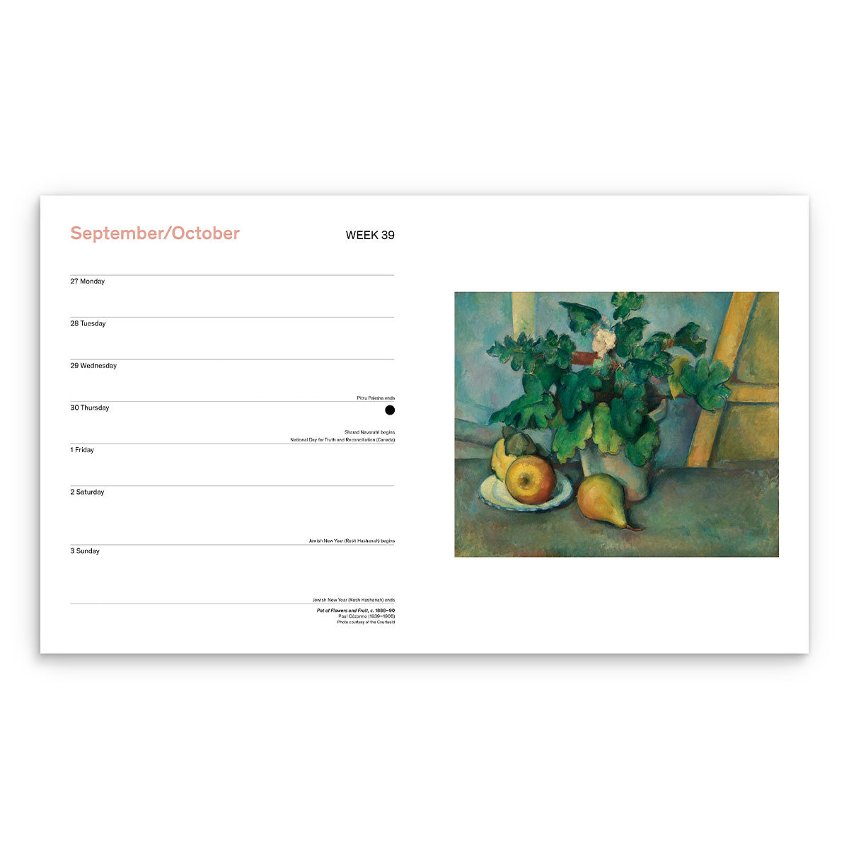 Calendar page with a still life painting of fruits and a plant by Cezanne on a white background