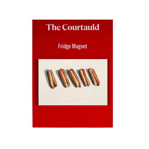 Fridge magnet packaging with 'The Courtauld' branding and image of hot dogs on a red background
