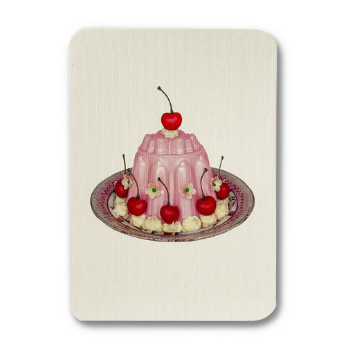 Illustration of a pink jelly dessert with cherries on a beige background