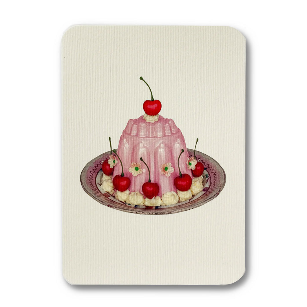 Illustration of a pink jelly dessert with cherries on a beige background