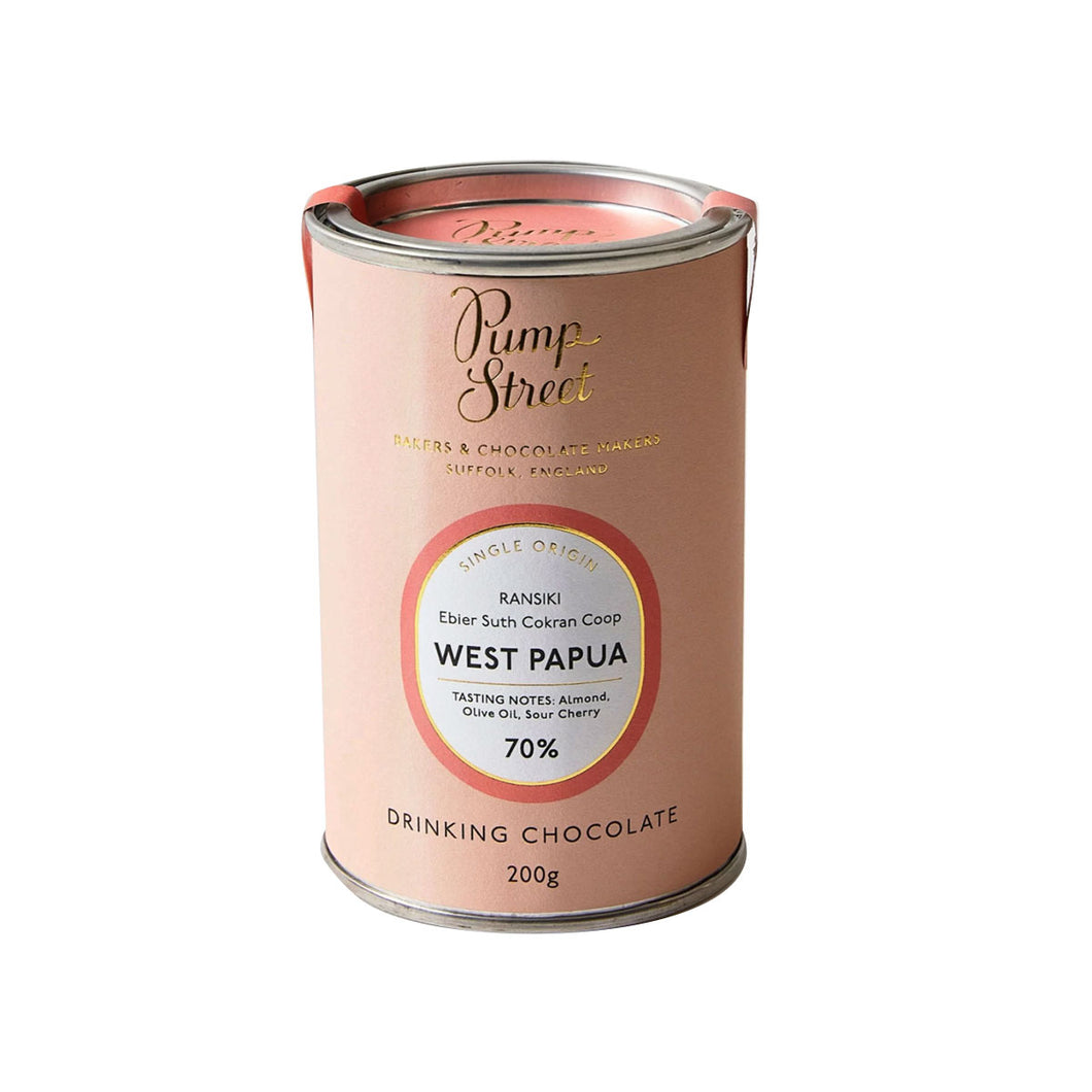 Can of Pump Street Drinking Chocolate with West Papua label on a white background