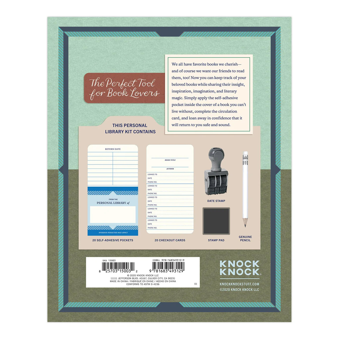 Knock Knock personal library kit packaging with stationery items on a white background
