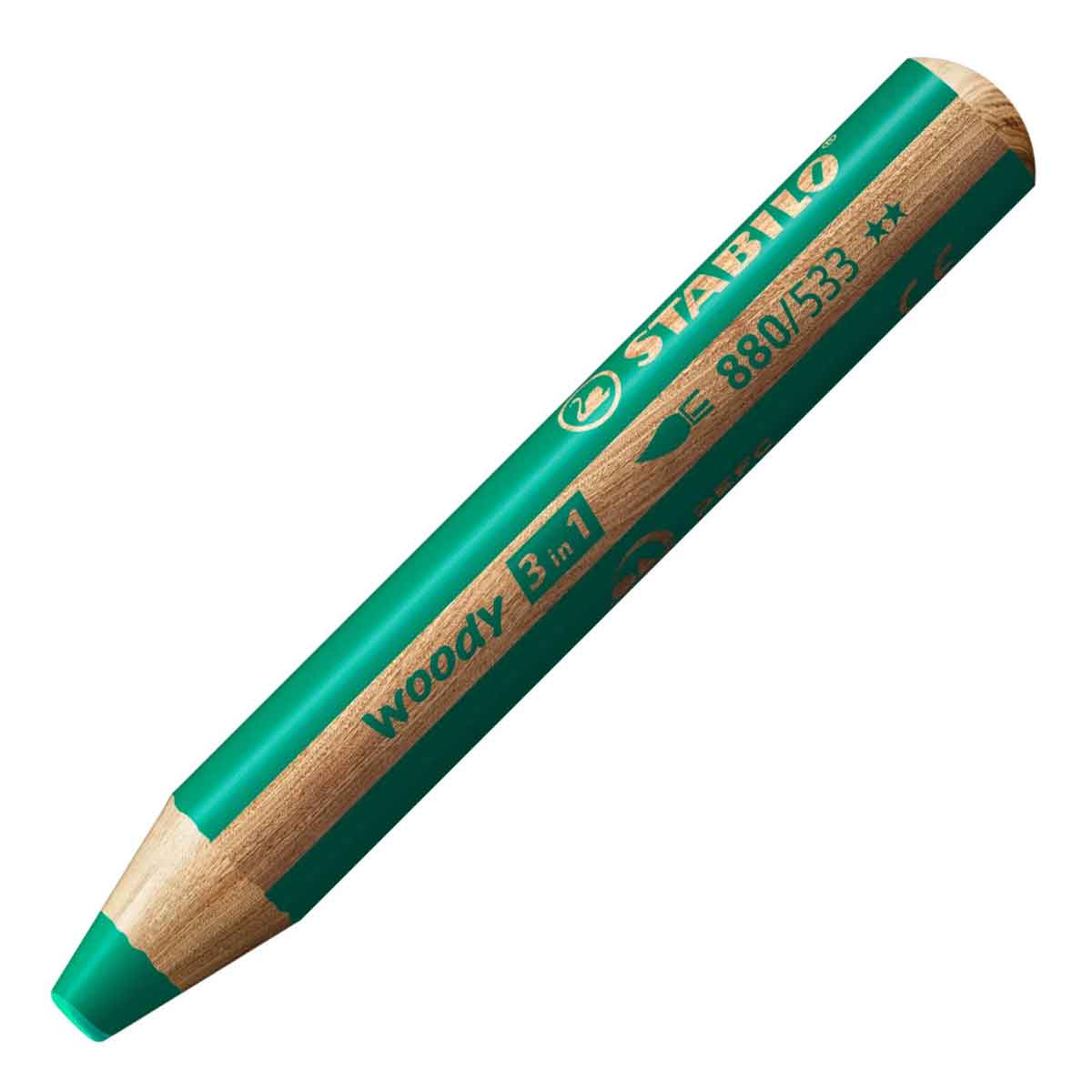 Green Stabilo chunky  Woody 3in1 pencil on a white background