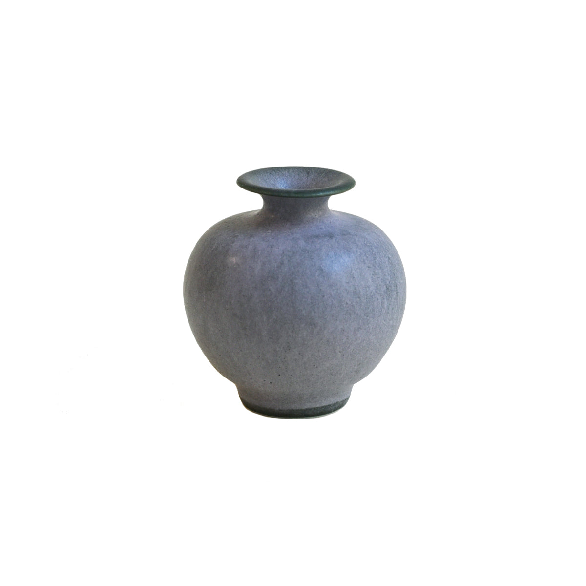 A hand-thrown miniature ceramic vase with a purple exterior and a top opening, against a white background.