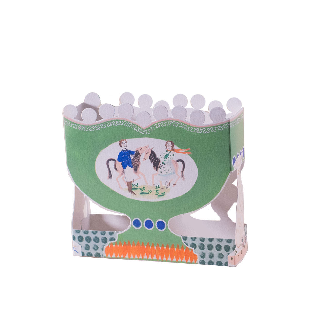 Decorative card with horse and rider illustration on a green background