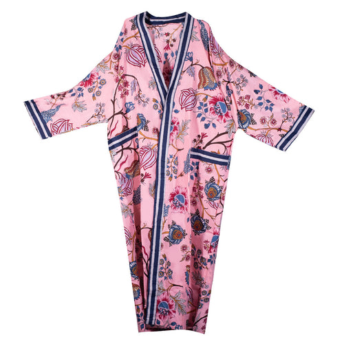 Pink lightweight robe with a floral and botanical print, featuring wide sleeves, blue striped trim, and front pockets.