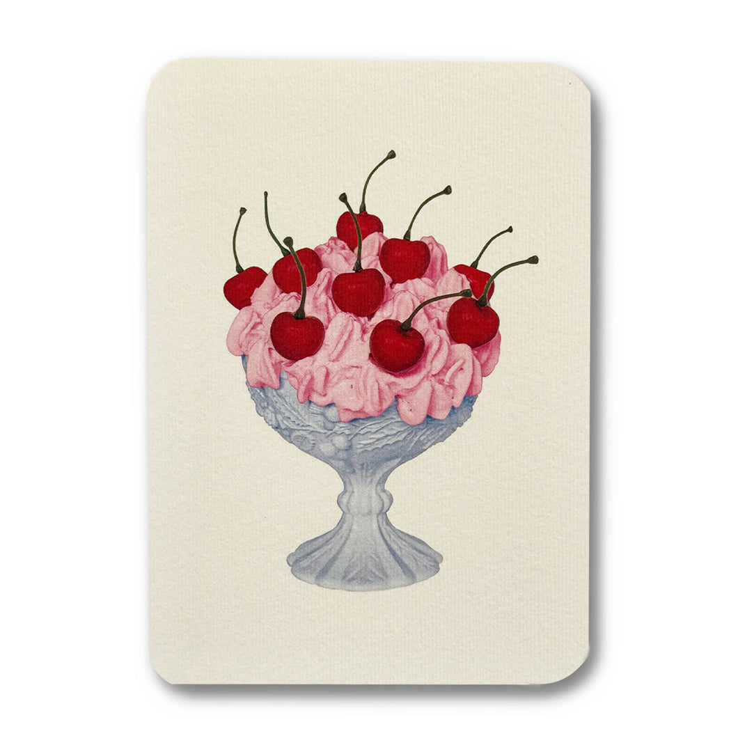 Illustration of pink ice cream with cherries in a glass bowl on a beige background