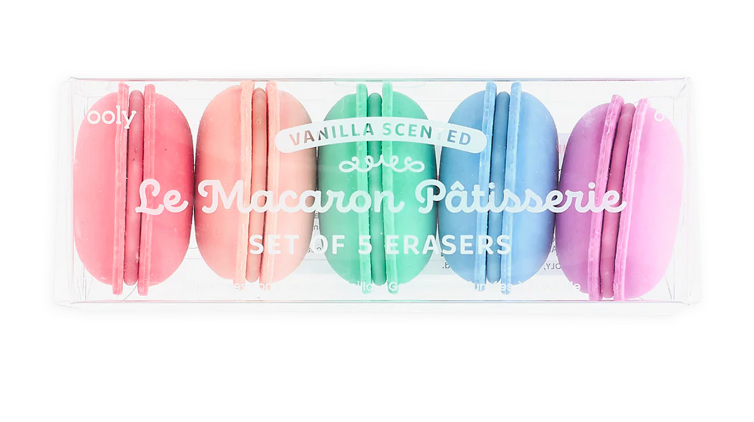 Set of five pastel-colored macaron-shaped erasers in a clear packaging with branding text.