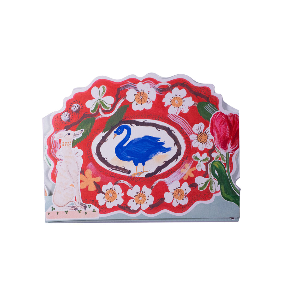Decorative card with a blue bird illustration on a red background with flowers and animals.