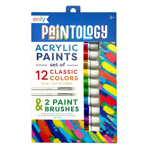 Ooly Paintology acrylic paint set packaging with colorful paint tubes and brushes on a white background