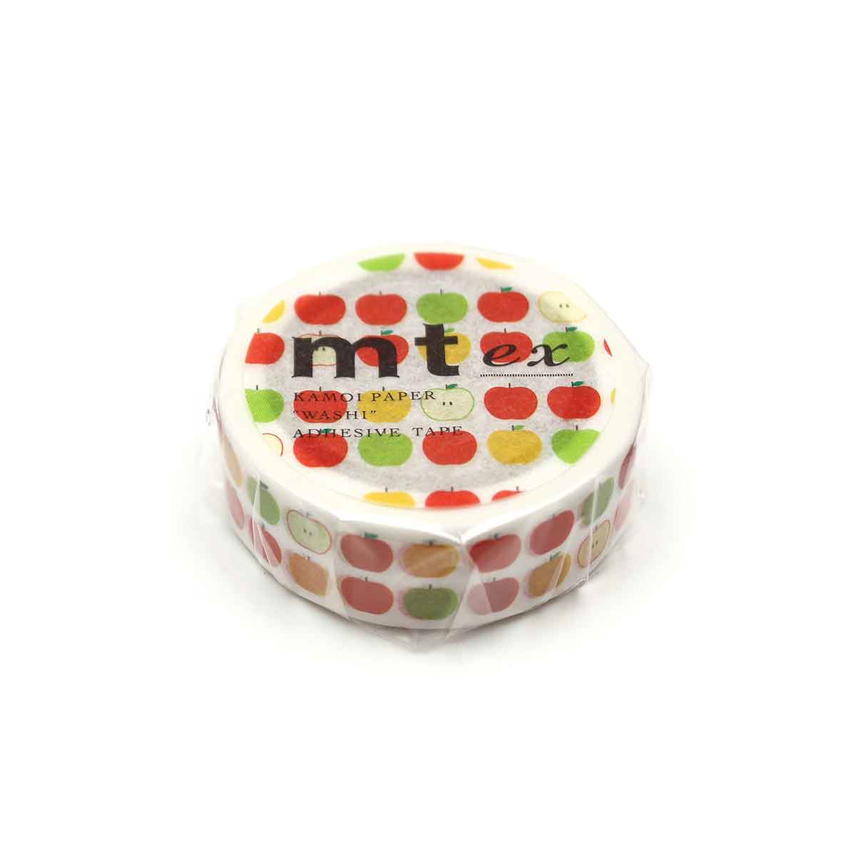 Washi tape with apple pattern and 'mt' branding on a white background