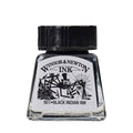 Winsor & Newton ink bottle with black cap on a white background