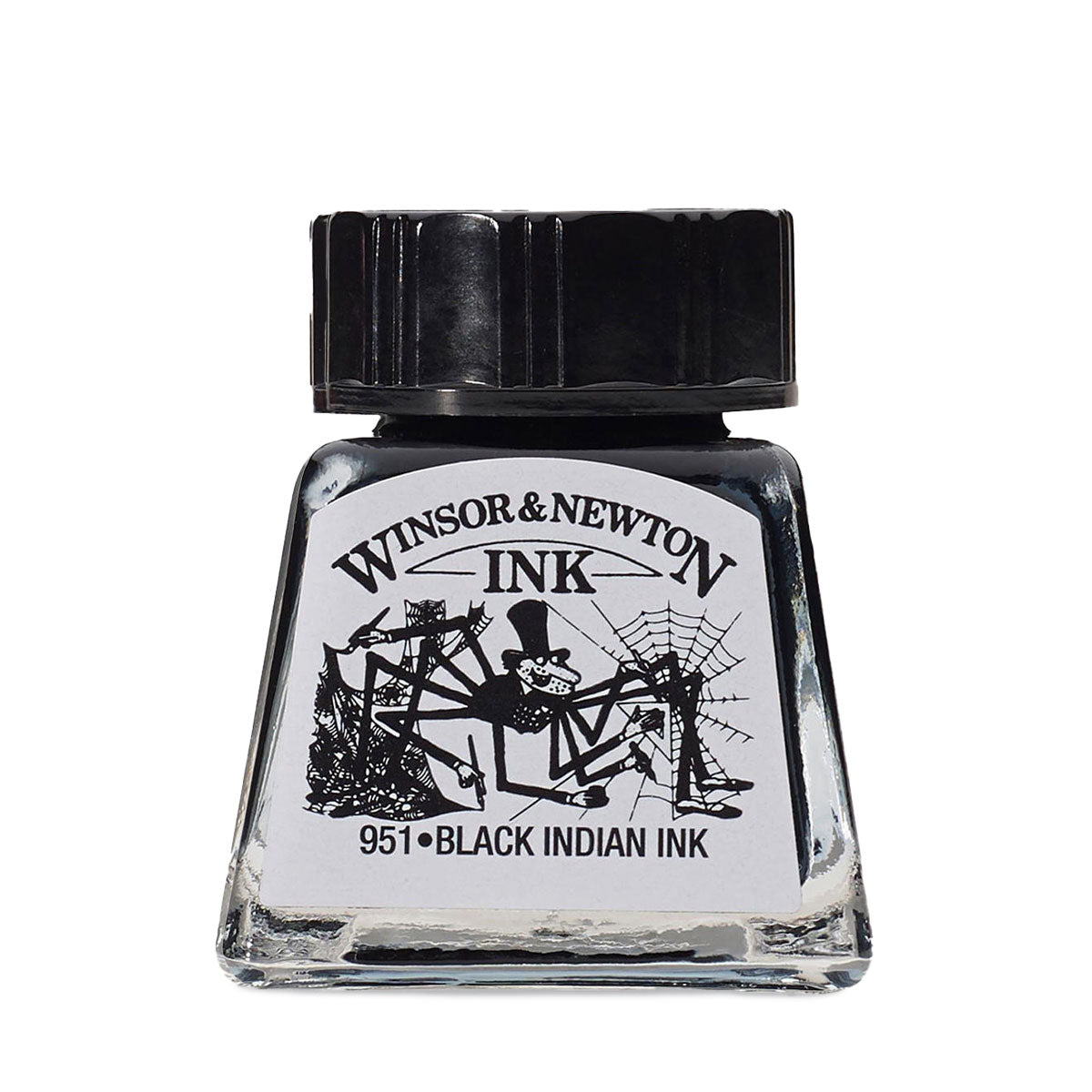 Winsor & Newton ink bottle with black cap on a white background