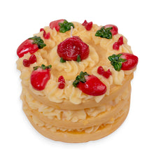 Load image into Gallery viewer, Candle shaped like a Two-layered cake with strawberry and leaf decorations on a white background
