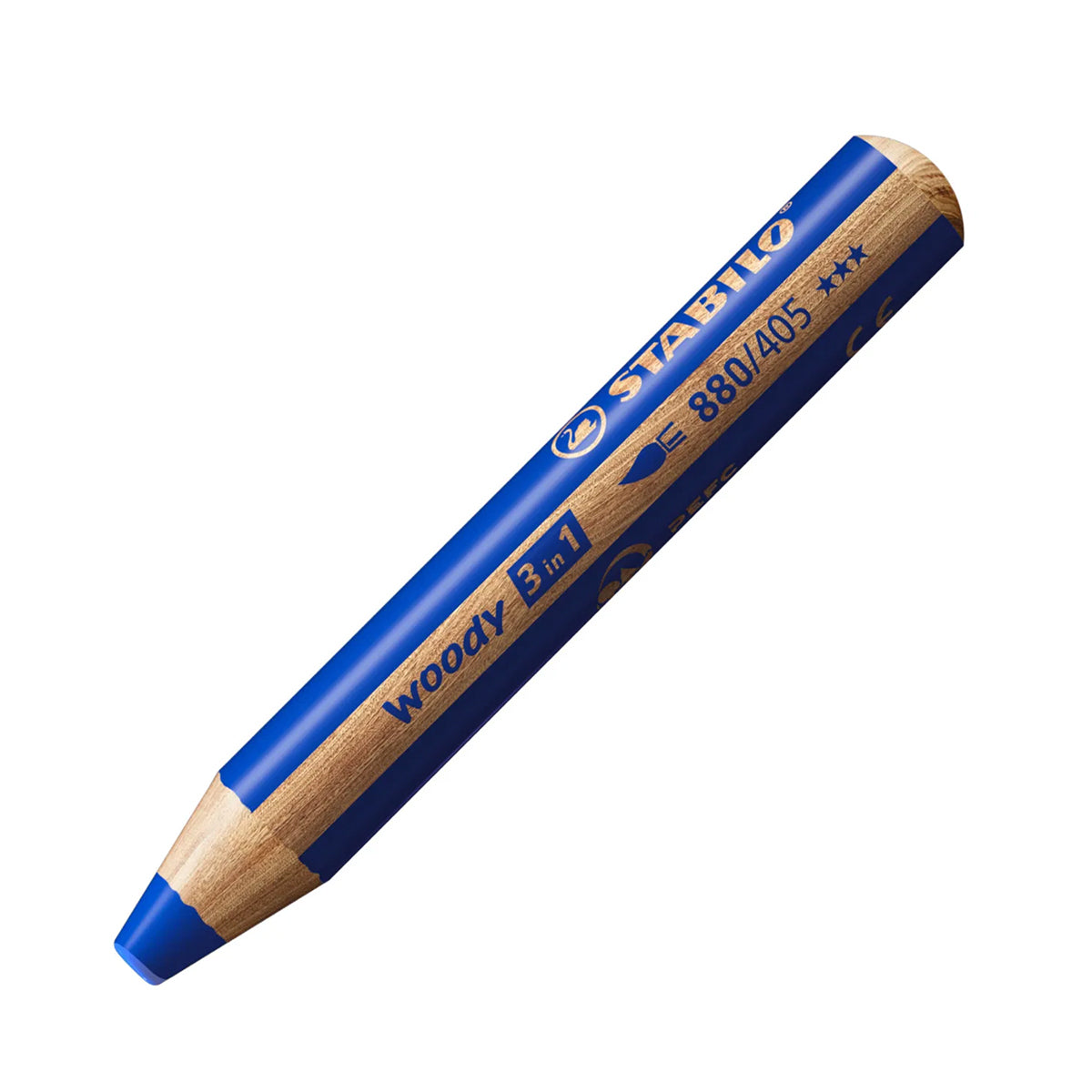Stabilo Woody 3-in-1 pencil with blue accents on a white background