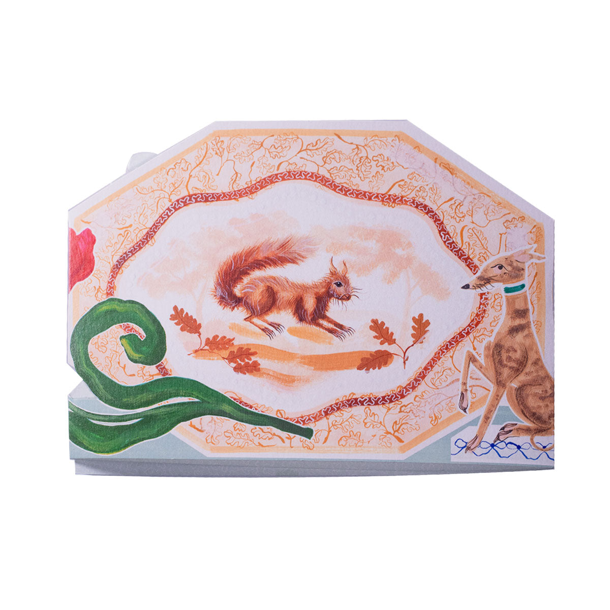 Decorative card with a leaf, squirrel, and dog design on a white background