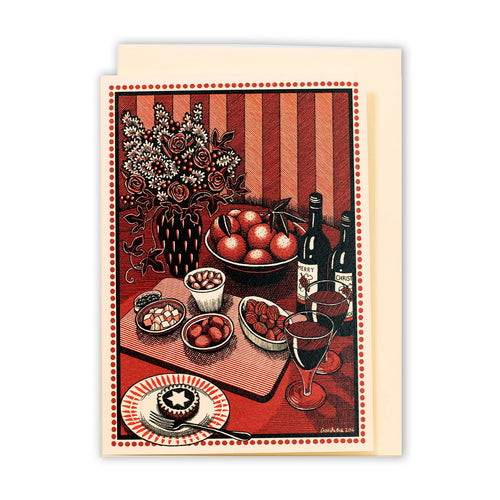 Decorative card with a vintage-style illustration of a table setting with food and wine.