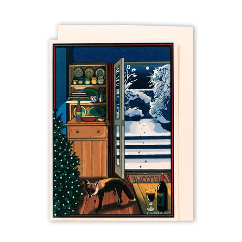 Greeting card with a fox by a window on a snowy night, inside a house.