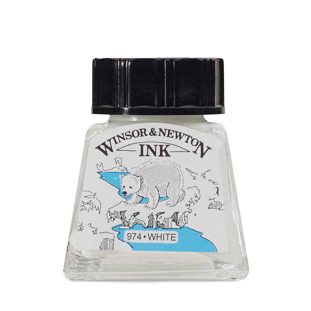 Winsor & Newton ink bottle with black cap on a white background