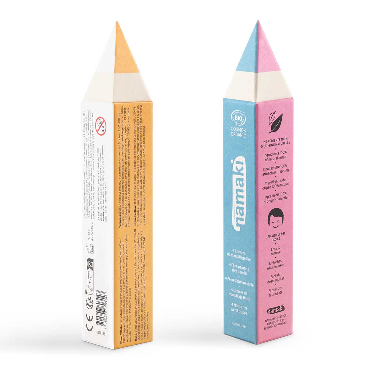 Two cosmetic boxes, one beige and one pink with blue accents, on a white background.
