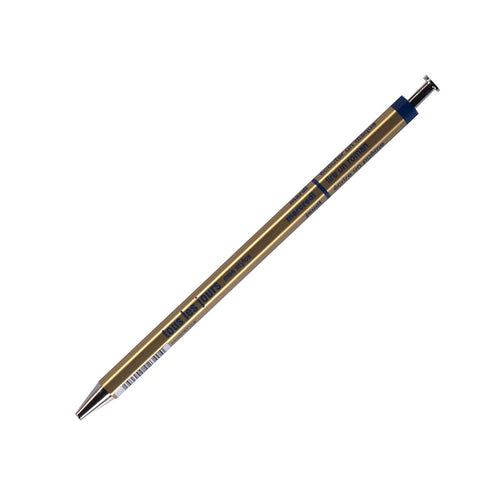 Slim metallic gold ballpoint pen with a shiny silver tip and clip, featuring printed text along the barrel, white background.