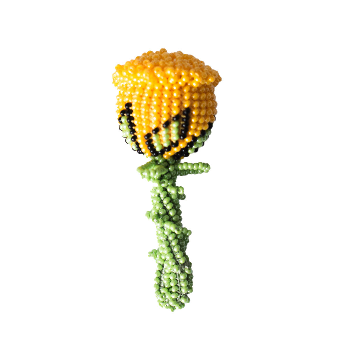 Yellow tulip shaped keyring with glass beads with petal details in black and steam in green.