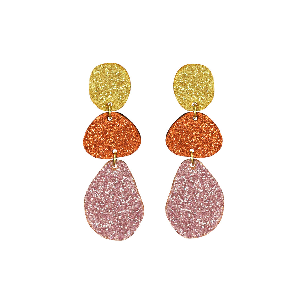 Triple Glitter Drop Earrings Gold Pink