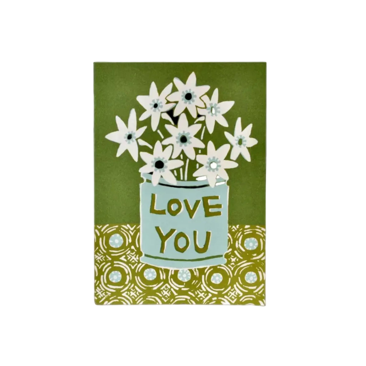 A greeting card with a floral design and the text 'Love You' on the front, with a green and blue color scheme.
