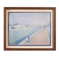 Framed pointillist-style coastal scene depicting a calm harbor with sailboats, a lighthouse in the distance, and a curved shoreline path in soft pastel tones.