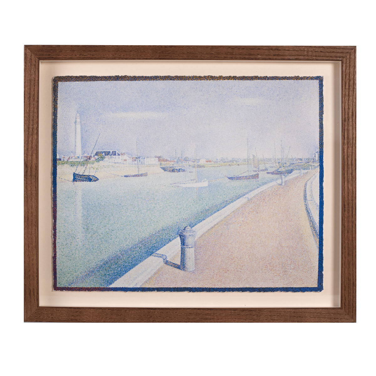 Framed pointillist-style coastal scene depicting a calm harbor with sailboats, a lighthouse in the distance, and a curved shoreline path in soft pastel tones.